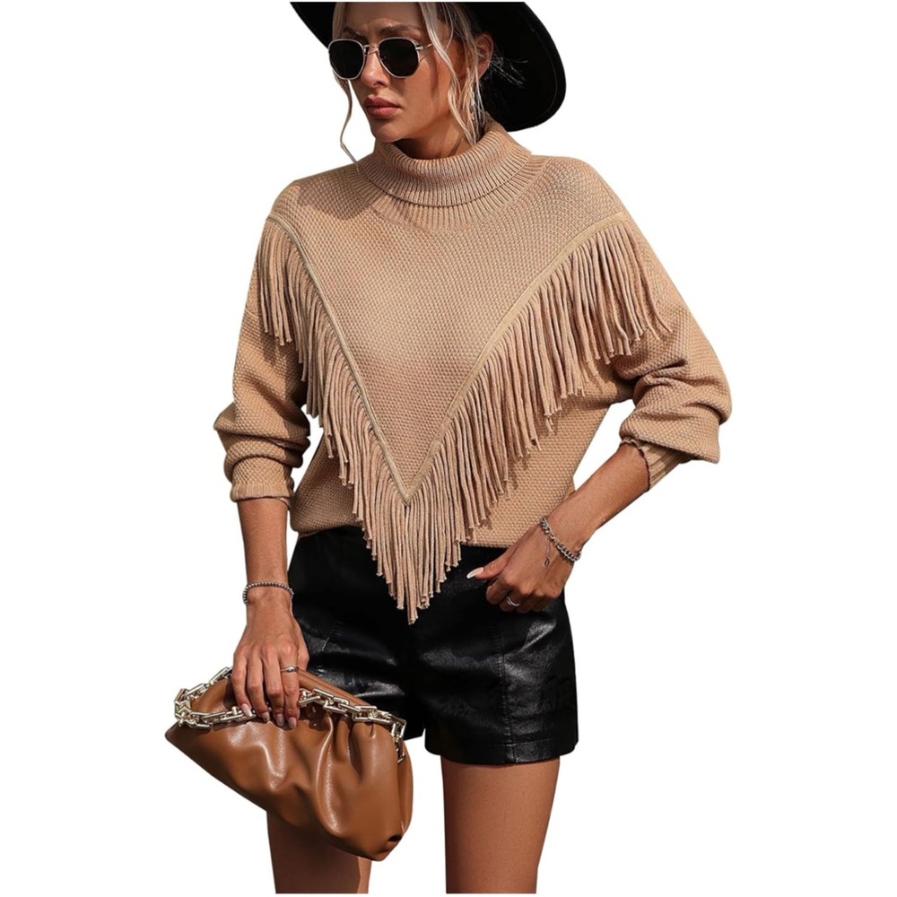 Women's Fringe Trim Turtleneck Long Seeve Sweater, size S